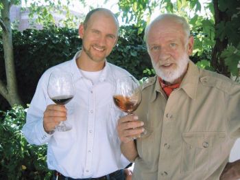 <b>Jason Lett shares a glass of wine with his father, the late David Lett, of The Eyre Vineyards.</b>